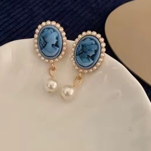 Vintage Blue Cameo Pearl Earrings